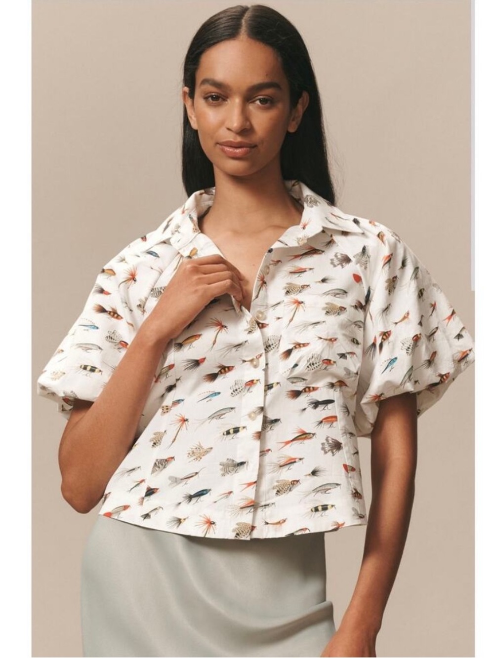 Anthropologie Maeve Zooey Fishing Lure Bubble Sleeve Buttondown Top Large